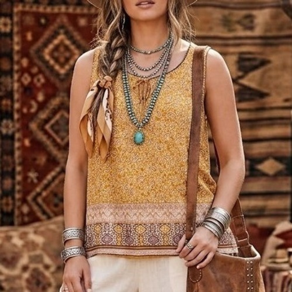 J. Jill Bohemian Mustard Yellow Paisley Tencel Sleeveless Top Size XL Boho